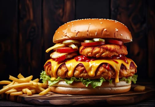 delicious and juicy chickenburger and french fries. american fast food