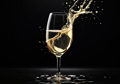 Glass of champagne with splash on black background