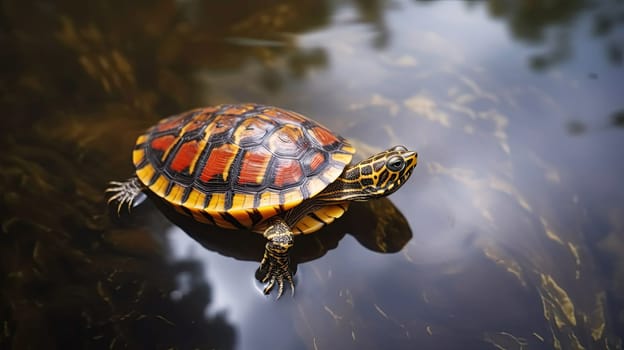 Cute turtle on the water surface. wildlife