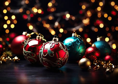 Christmas balls with lights on abstract defocused dark background