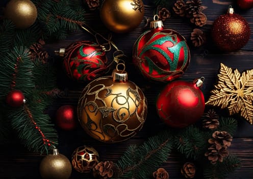  Christmas decoration balls on dark background. Merry christmas and happy new year greeting card