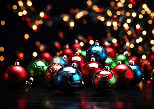 Christmas balls against dark background with festive lights.
