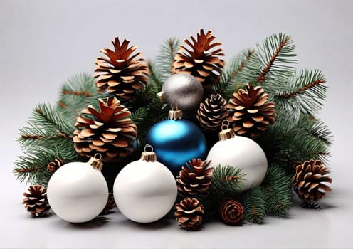 Christmas decorations concept.  blue and white baubles on background 