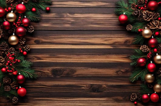 christmas decorations on dark old wooden background. rustic style. space for text