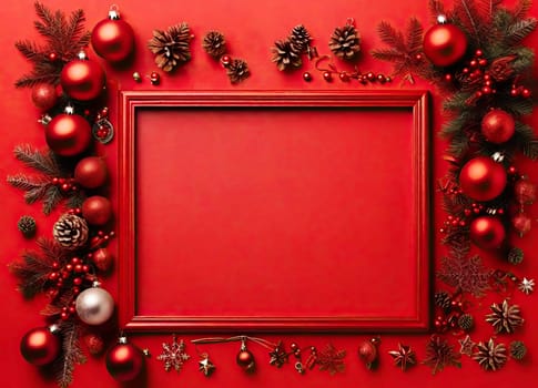 Blank canvas and Christmas decor on red background. Space for design