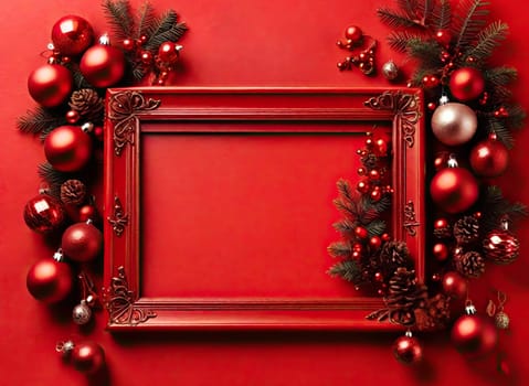 Red Christmas template for design with festive frame on red background. 