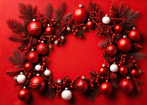 Red Christmas baubles decoration on red background. New Year greeting card