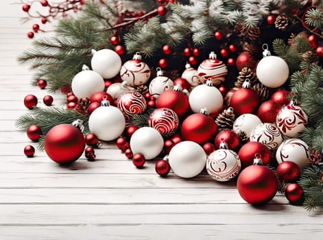 Christmas background with fir tree and decor, baubles. 