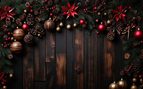 Christmas dark wooden background with baubles or balls, xmas ornaments Christmas holiday concept
