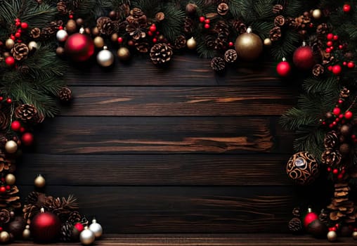 
Christmas background with fir tree and baubles or balls on dark wooden board