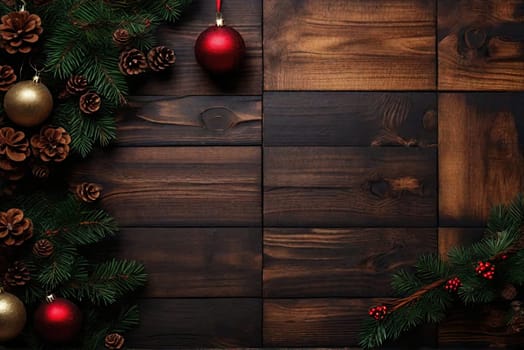 Dark Christmas wooden background with fir tree and decoration. View with copy space
