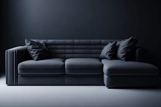 Dark living room with a gray sofa. Modern design.