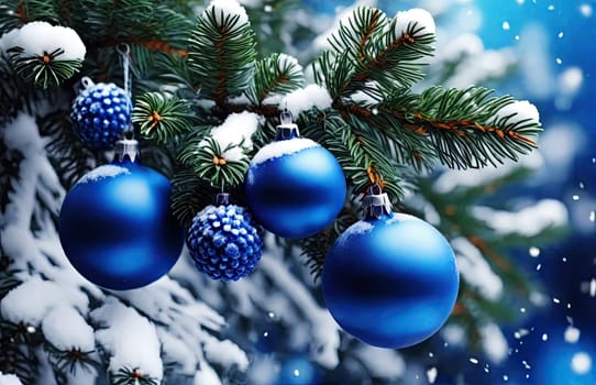 Christmas card - a blue ball on a spruce branch, snow