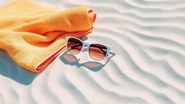 Empty towel and sunglasses on sand.  Beach background. Travel concept. Generative AI