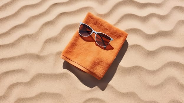 beach towel and sunglasses on sand. concept of tanning, vacation, relaxation. Generative AI