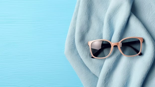 Summer beach towel and sunglasses background. Free space for your text. Generative AI