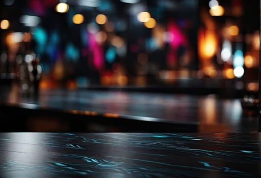 empty dark countertop with blurred bokeh bar or restaurant background