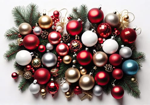 Top view tree branches with baubles on white background