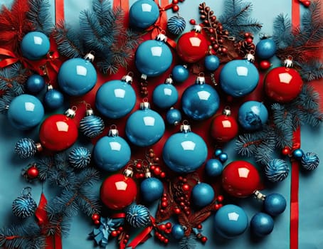 Christmas tree branches with balls. holiday concept. top view