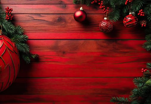  Christmas  decorations, fir tree branches on wooden background. Flat lay, top view, copy space