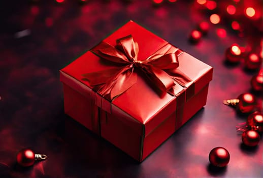 christmas red gift box with balls.  holiday concept
