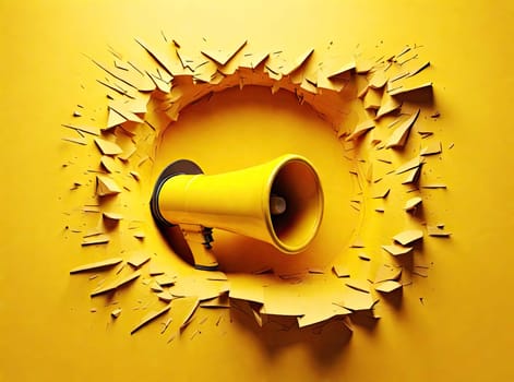 yellow megaphone on the background of a hole in the wall