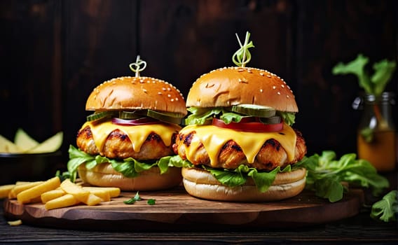 two delicious and juicy burgers with beef patty on the table