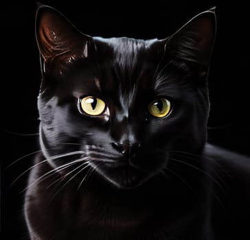 cute black cat with eyes on black background, close-up.