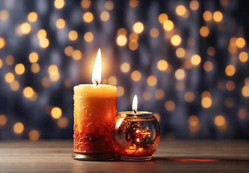 Two Candles lights at blurred festive background. Decorative shiny candle lights. Abstract festive backdrop for Christmas, New year, holidays.