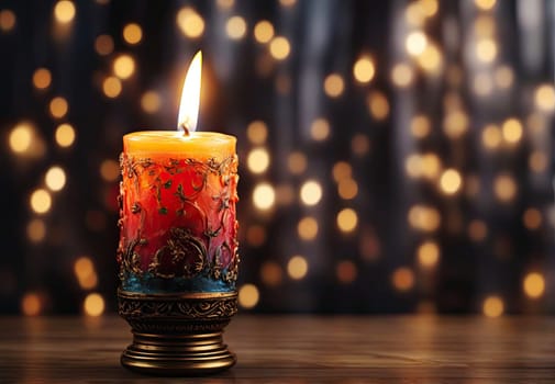 Christmas Candle lights at blurred festive background. Decorative shiny candle lights. Abstract festive backdrop