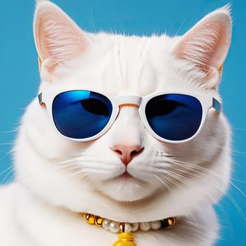 Close up white cat wearing sunglasses. Funny animal fashion concept.