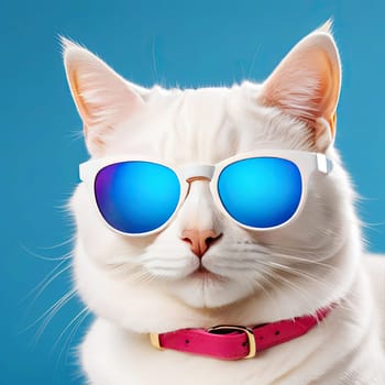Cool white cat in blue sunglasses. Funny pet portrait