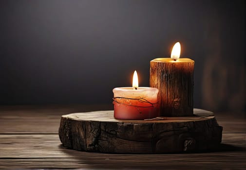 Two burning candles against a wall of wooden planks