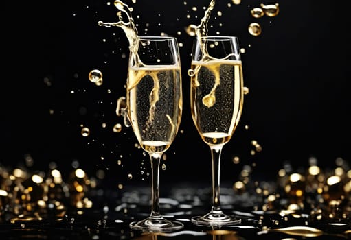 Two glasses of champagne with splash over black background. Celebration concept