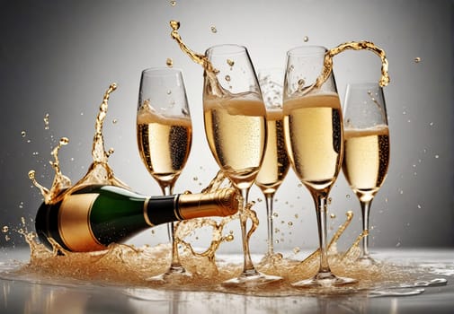 champagne bottle with flutes and bubbles splashing on background