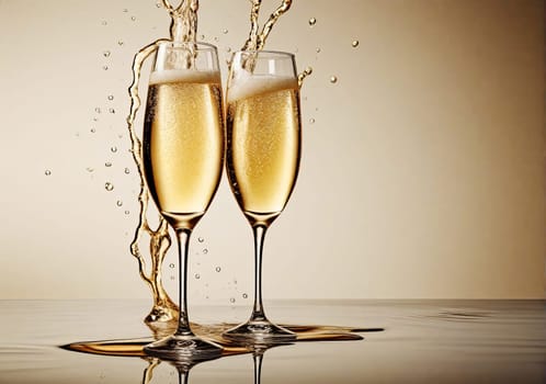 Glasses of champagne with splash on background