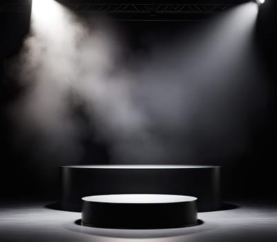 round stage center spotlighted by beams of lights, casting shadows for product presentation