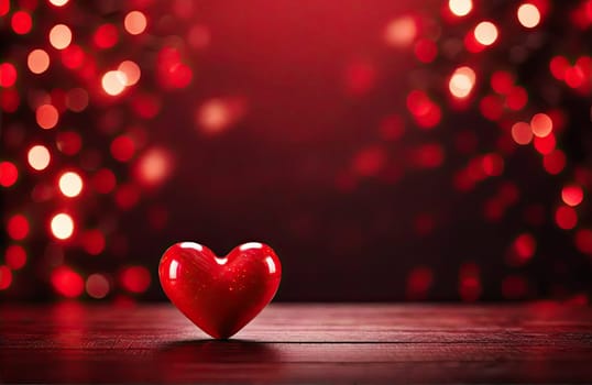 a small red heart on a wooden table against a background of blurred lights