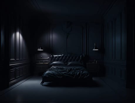 big bed in a dark room. Luxury apartment