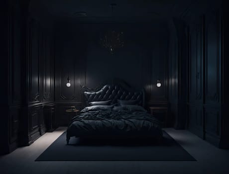 gloomy classic bedroom interior with lamps and a bed