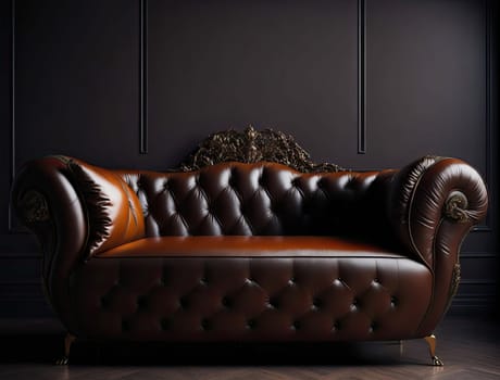 leather sofa in classic apartment. Loft furniture. Big luxury couch on dark room