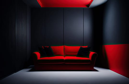 modern red sofa in dark living room 