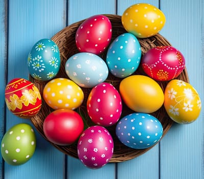 Colorful Easter eggs on blue wooden background.  Dyed Easter eggs