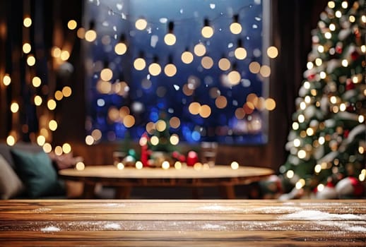 Christmas holiday background with empty wooden table. New Year