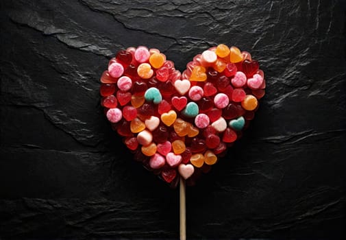 Candy on stick in the form of heart on dark background. Top view