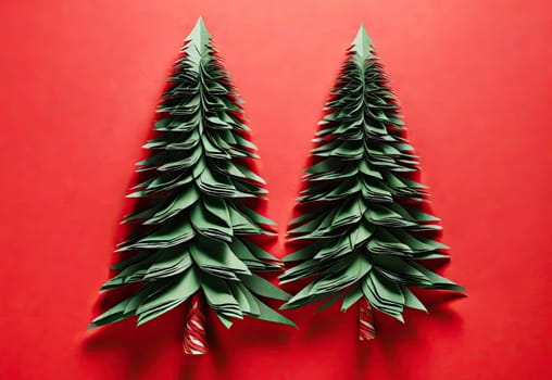 Christmas trees made of paper on red background