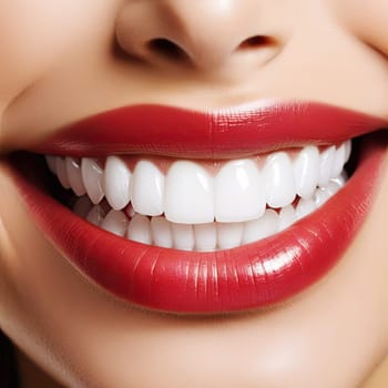 happy woman's smile with healthy white teeth. Stomatology and beauty care. Lady smiling with great teeth.