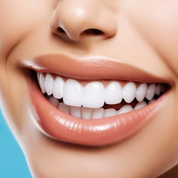  beautiful cute smile with very clean perfect teeth. chin, nose and mouth visible. dental service advertisement.