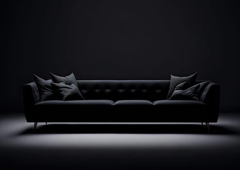 Modern sofa - front view. comfortable furniture in dark room