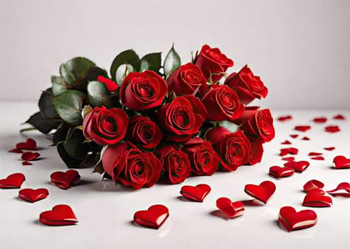 Composition from a bouquet of beautiful red roses and red hearts on the background. Valentine's day